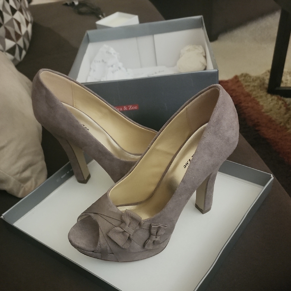 Tan Peep-Toe Suede Pumps